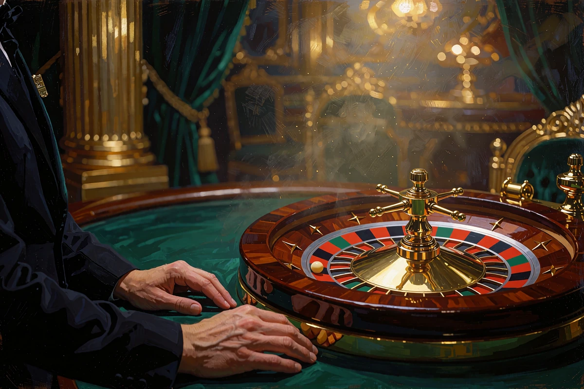 Forgyldt roulettehjul med elfenbenskugle p&aring; gr&oslash;nt filt i et elegant live casino-lokale